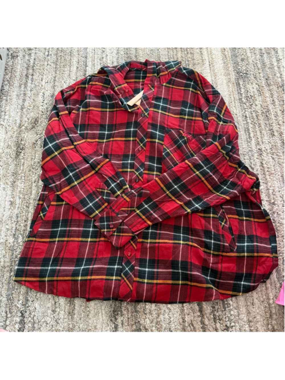 SKIMS Flannel Sleep Hooded Button-Down Sleep Shirt Brick Holiday Plaid SKU719